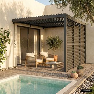 Sweeek P&eacute;rgola bioclim&aacute;tica de aluminio adosada 3x3m + 3 persianas 100cm