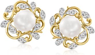 Ross-Simons 7-7.5mm Cultured Pearl and. Diamond Leaf Earrings in 14kt Yellow Gold