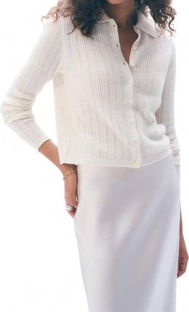 White + Warren Collared Long Sleeve Pointelle Shirt In Soft White