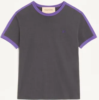 Valentino T-shirt Valentino in cotone con scollo a giro, bande laterali a contrasto e ricamo VLogo Uomo ANTRACITE/VIOLA XXL