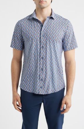 Johnston & Murphy XC+ Motion Geo Print Short-Sleeve Performance Knit Button-Up Shirt in Navy Surfboard at Nordstrom, Size X-Large