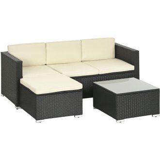 OUTSUNNY Conjunto De Muebles De Rat&aacute;n De Jard&iacute;n Sof&aacute; De 3 Plazas Con Cojines Acolchados Mesa De Centro Con Tablero De Vidrio Templado Y Reposapi&eacute;s