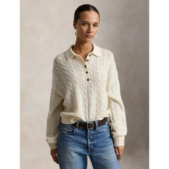 Ralph Lauren Kabeltrui met polokraag, 90% wol, 10% kasjmier