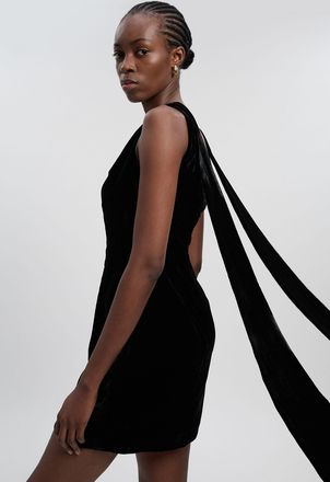 Karen Millen Womens Velvet Woven Mini Dress With back Ties - Black - Size 16 UK