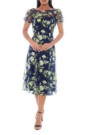 OLEG CASSINI Floral Embroidered Mesh A-Line Midi Dress in Navy Multi at Nordstrom Rack, Size Medium