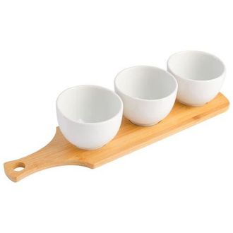 Gibson Gracious Dining 3 Piece White Fine Ceramic Tidbit Bowl Set with Wood Serving Tray at Nordstrom