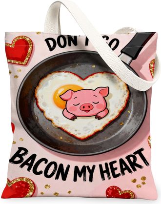 Generic ValentineS Day Pigs Canvas Tote Bags, Cute Animal Heart Pattern Reusable Grocery Bags, Fun Lightweight Washable Shoulder S, Peach, 13x15 Inch