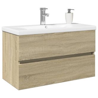 Berkfield Home Durable 2 Piece Bathroom Furniture Set Ceramic & Engineered Wood in Light Tan