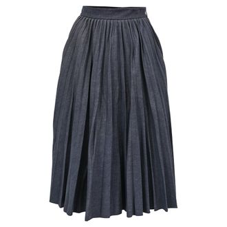 Msgm Pleated Midi Denim Skirt in Dark Blue Cotton