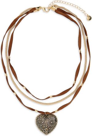 BP. Engraved Heart Charm Layered Suede Necklace in Gold- Brown at Nordstrom