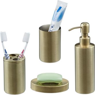 Relaxdays Relaxdays Set Bagno Completo, 4 Accessori, Kit WC Acciaio Inox Spazzolato, Portaspazzolino, Sapone e Saponetta, Dorato