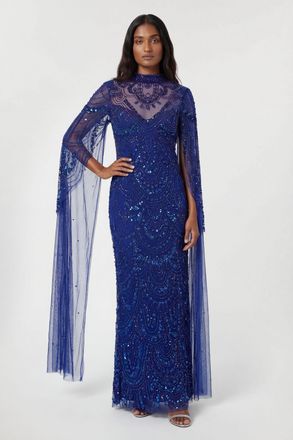 Karen Millen Womens Petite Premium Beaded Embellished Woven Midaxi Cape Dress - Blue - Size 12 UK