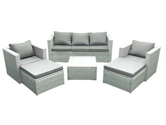Fimous 7 Seater Rattan Garden Furniture Set with 3 Seater Sofa 2 Chair Square Coffee Table 2 Big Footstools Light Grey Mixed