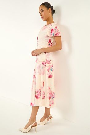 Roman Womens Petite Floral Ruched Side Dress - Ivory - Size 18 UK