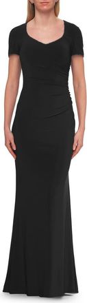 La Femme Short Sleeve Jersey Gown with Sweetheart Neckline and Ruching in Black at Nordstrom, Size 12