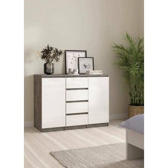 Dmora Dmora - Aparador Alix, Buf&eacute; De Sal&oacute;n, Aparador De Sal&oacute;n, Despensa De Cocina, 121x50 H91 Cm, Cemento Y Blanco Brillante