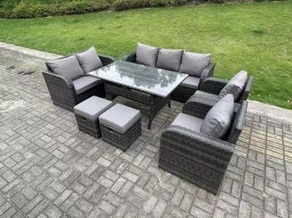 Fimous 9 Seater Rattan Garden Furniture Set Reclining Chair Love Seat 3 Seater Sofa Set Outdoor Dining Table Stools in Dark Grey
