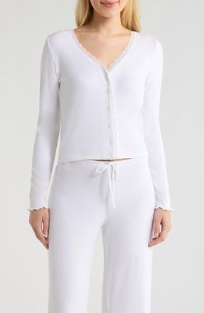 Open Edit Daydream Lace Trim Rib Button-Up Lounge Top in White at Nordstrom, Size X-Large