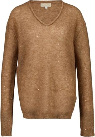 120% Lino Sheer V-Neck Top - Dames - V-hals truien - Bruin - M - Wol - Truien & Vesten