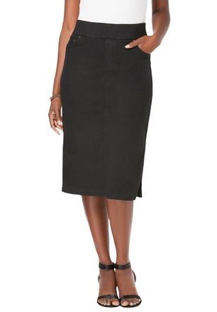Jessica London Comfort Waist Stretch Denim Midi Skirt in Black at Nordstrom, Size 12