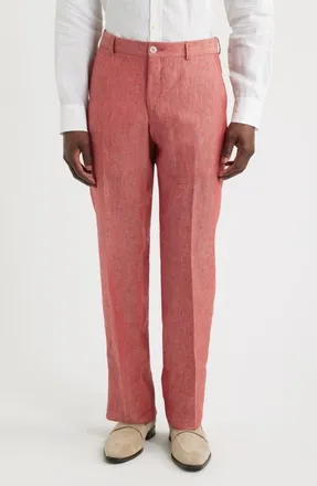 Berle Flat Front Slub Linen Chambray Dress Pants in Red at Nordstrom, Size 38