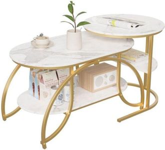 OEM Mesa Baja - M&aacute;rmol Blanco - Doble Nivel - Pies Dorados - 80x46cm O &Oslash;52cm