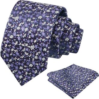 Alizeal Mens 8cm Floral Necktie and Pocket Square Small Flower Colorful Wedding Party Tie Set, Dark Purple+White