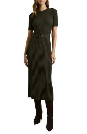 Reiss Vida Belted Rib Sweater Dress in Khaki at Nordstrom Rack, Size X-Large