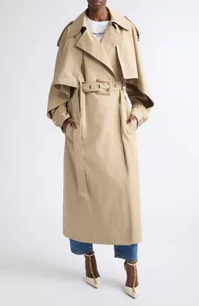 Balmain Belted Cotton Gabardine Trench Coat in 0An Sand at Nordstrom, Size 36