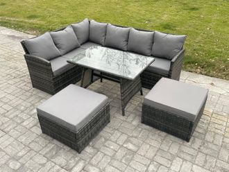 Fimous Rattan Garden Furniture Corner Sofa Set with Oblong Dining Table 2 Big Footstool Outdoor Wicker Rattan Set in Dark Grey