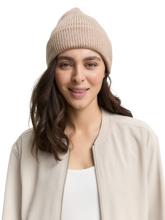 Tom Tailor Beanie TOM TAILOR, Damen, boucle beige melange, Strick, Materialmix, meliert, M&uuml;tzen Beanie, mit Rippstruktur