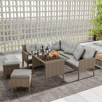 Direct Wicker 6-7 Seater Outdoor Furniture Corner Sofa Set with Table Stools in Khaki | Size: 6 Person