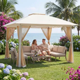 Costway Costway Pop Up Gazebo Foldable Canopy Tent w/Mesh Netting & Double Roof in Beige