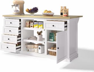 STILVORA Credenza Da Cucina Con 5 Cassetti, 2 Ripiani Estraibili, Piano Ribaltabile E Prese, 150x65x75,5 Cm