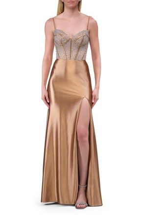 La Femme Rhinestone Corset Prom Dress with Stretch Satin Skirt in Bronze at Nordstrom, Size 16