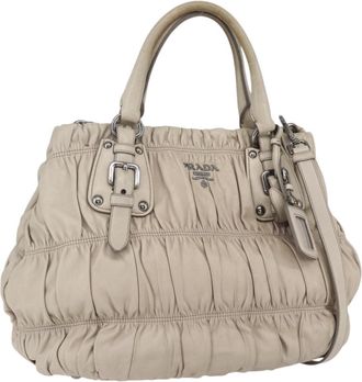 Prada Gaufre Convertible Tote Nappa Leather Beige Leather Handbag (Pre-Owned)