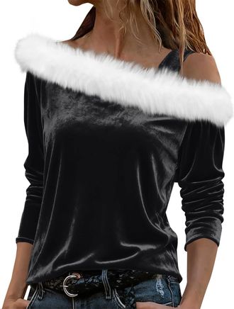 Generic Velvet Dressy Tops for Women Christmas, Womens Christmas Off Shoulder Top, Velvet Slim Fit Long Sleeve Blouse with Fur Trim, Elegant Sexy Party Dress 