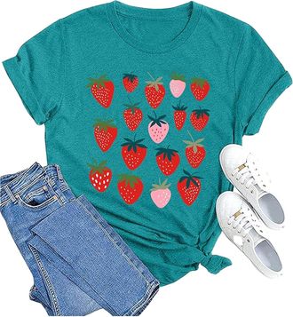 Generic Strawberry Shirts Fruit Tshirts Strawberries Graphic Tee Garden Clothing Gardener Gift Tops 2025 New Blouses for Women UK Tops for Women UK