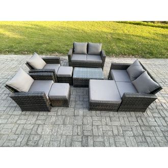Fimous Garden Furniture Sets 8 Pieces Outdoor Rattan Furniture Manual Wicker Patio Sofa Chair Set with Coffee Table 3 Footstools Dark Grey Mixed - Fimous