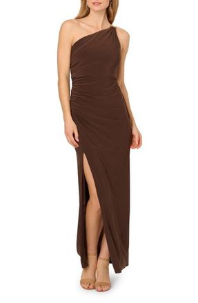 Adrianna Papell One-Shoulder Chain Strap Jersey Column Gown in Chocolate at Nordstrom, Size 12