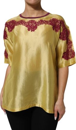 Dolce & Gabbana Yellow Silk Satin Floral Lace Short Sleeves Womens Top (Pre-Owned)