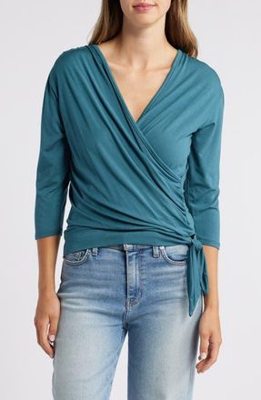 Loveappella Faux Tie Wrap Top in Dark Teal at Nordstrom, Size X-Large