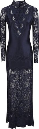 Paco Rabanne Fitted Maxi Dress with Floral Lace Panels and Scalloped Hem