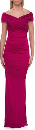 La Femme Off-the-Shoulder Ruched Satin Evening Gown in Raspberry at Nordstrom, Size 16