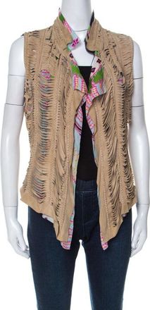 Roberto Cavalli Multicolor Printed Silk And Beige Suede Overlay Sleeveless Vest