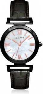 Allurez Womens Mother of Pearl Black Plated Stainless Steel Black Leather Strap Watch