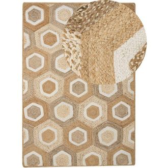 Beliani Beliani - Alfombra De Yute Natural Trenzado Estilo Boho Patr&oacute;n Geom&eacute;trico Verde Y Beige 160 X 230 Cm Basoren