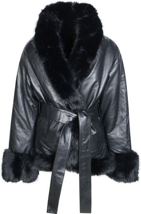 Rotate Belton Short Plush Fur Trim Glossy Leather Jacket