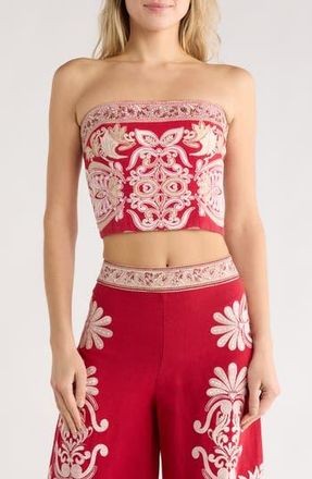 Alice & Olivia Embroidered Strapless Cotton Crop Top in Serenade Dark Cherry at Nordstrom Rack, Size 12