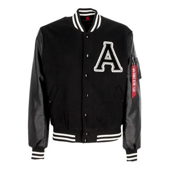 Alpha Industries Bomber Jackets, male, Black, S, Black College Jacket with Eco-leather Sleeves